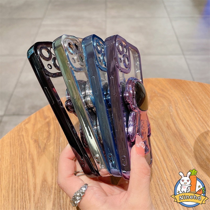 IPHONE Casing Kompatibel Untuk Iphone14 13 12 11 Pro Max Xr Xs Max Se8 7 Plus Bingkai Persegi Mewah 6D Plating Phone Case Astronot Stand Lensa Metal Full Cover Soft Case Cover Pelindung