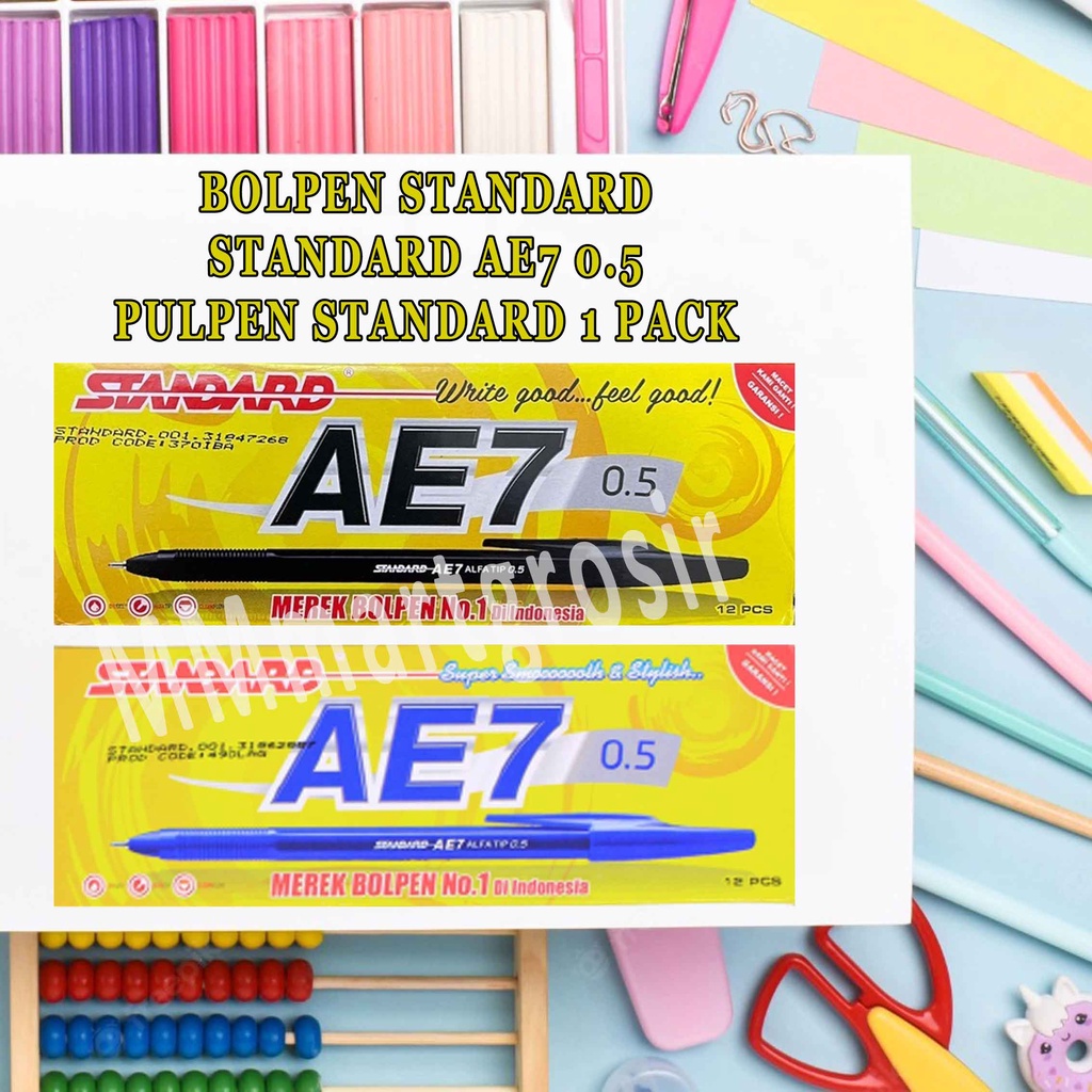 Standard AE7 0,5 / Bolpen / Pulpen Tinta Biru &amp; Hitam / 1pack 12pcs