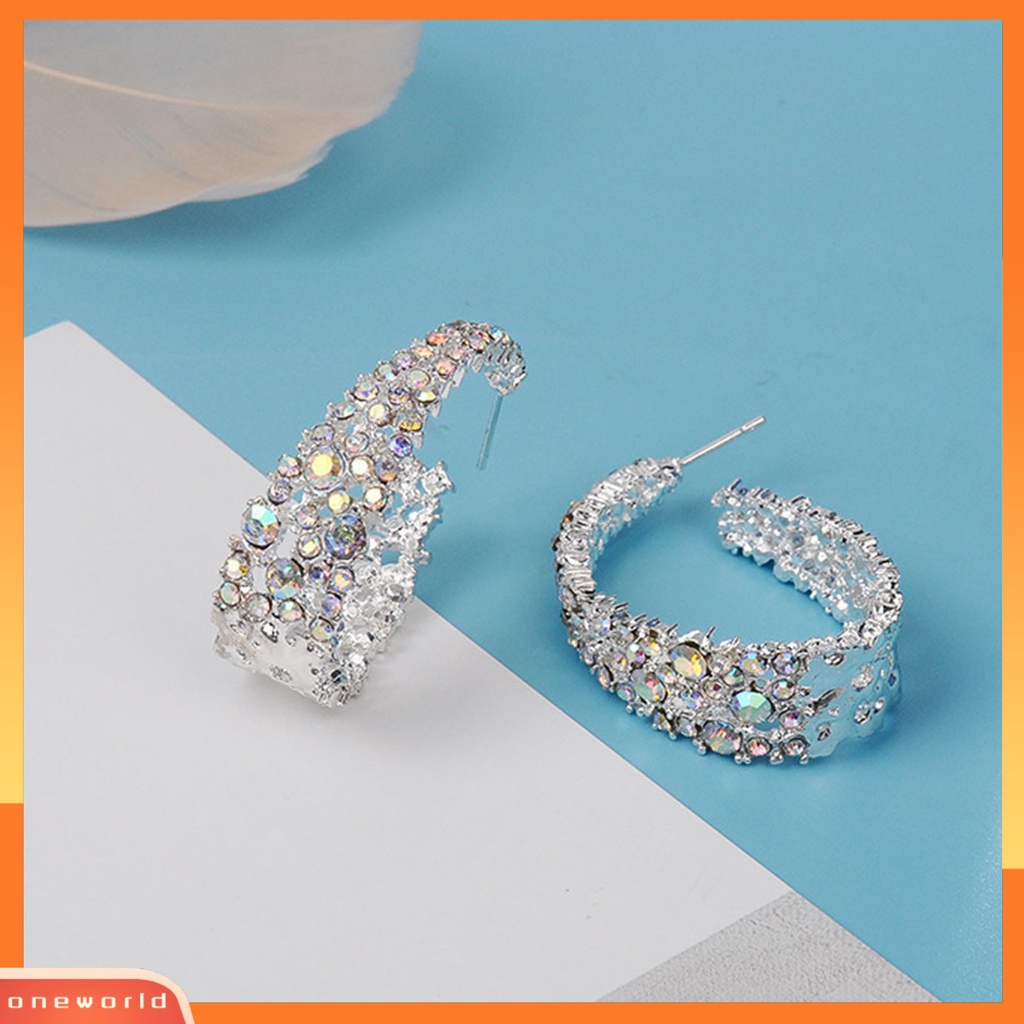 {oneworld} Women Ear Studs Shiny Colorful Rhinestones U-shaped Stud Earrings Perhiasan Tindik Untuk Pesta