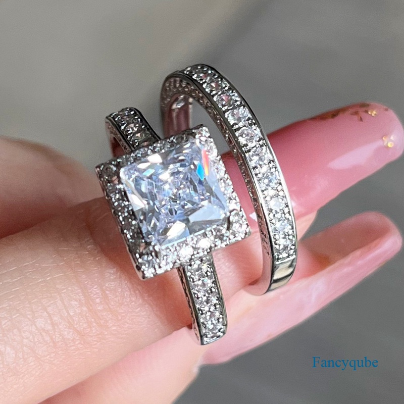 2023trendy Princess Square Cubic Zirconia Bridal Set Cincin Untuk Wanita Tunangan Pesta Pernikahan Mewah Wanita Perhiasan