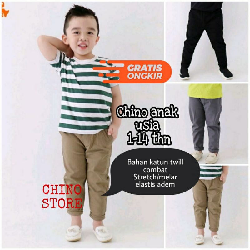 Celana Chino anak panjang usia 1-12 tahun cowok cewek UNISEX Bahan Katun twill combat Stretch melar elastis