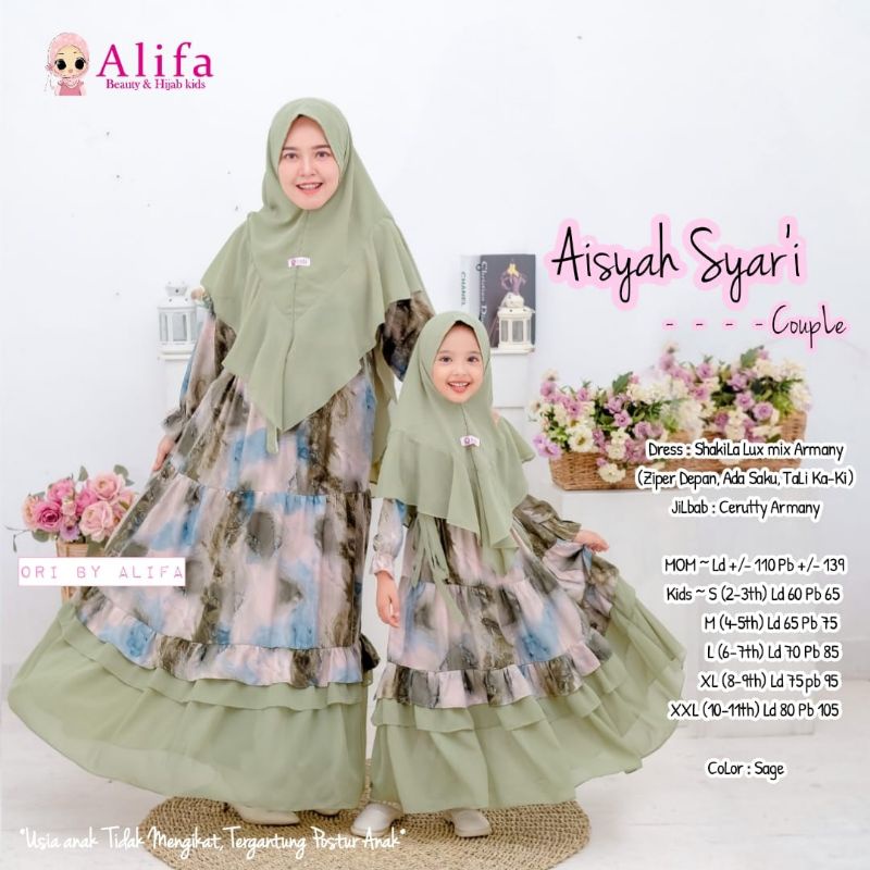 AISYAH SYAR'I COUPLE MOM&KIDS BAHAN SHAKILA LUX MIX ARMANY JILBAB CERUTY ARMANY ORI BY ALIIFA