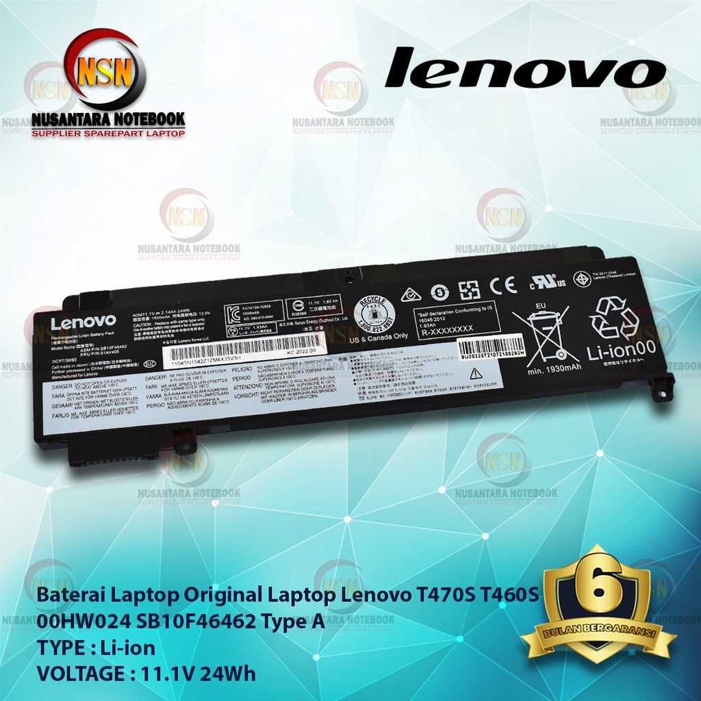 Baterai Original Laptop Lenovo T470S T460S 00HW024 11.1V 24Wh