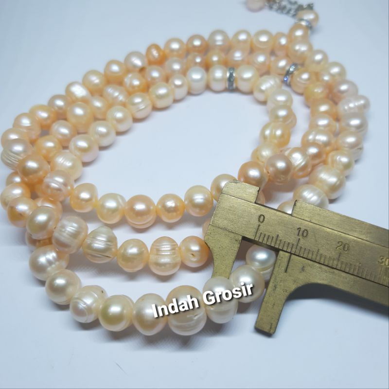 TASBIH MUTIARA ASLI BERKILAU 9MM 99BUTIR WARNA PEACH