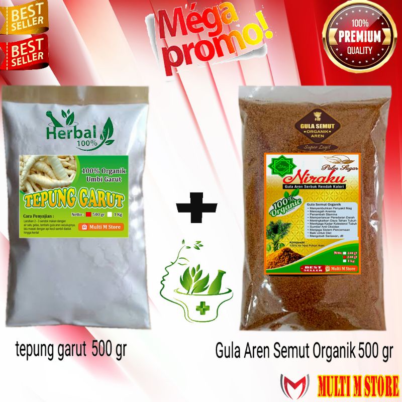 

PAKET 500 Gram Tepung Pati Garut Kualitas Premium Dan 500 Gram Gula Aren Semut Super Premium