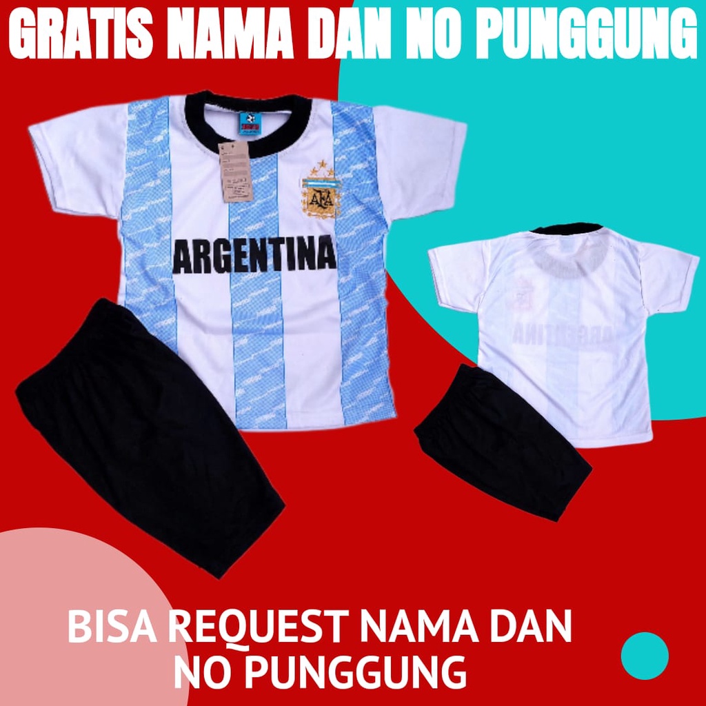 setelan baju bola anak argentina/baju bola argentina bisa sablon nama size 5-12thn