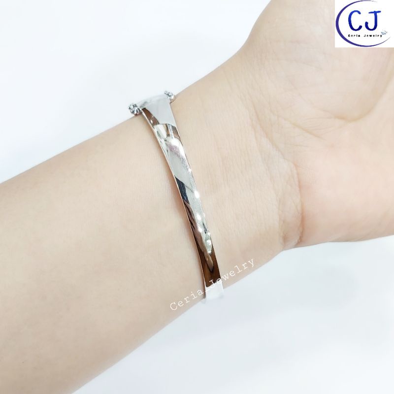 Gelang Perak Asli Silver 925 Lapis Emas Putih Model Bangle Oval Diamond - Perhiasan Perak Wanita