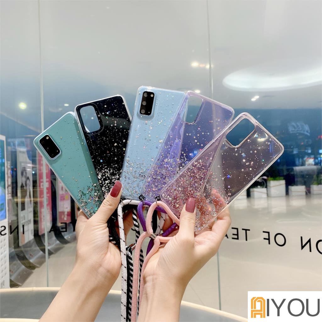 Hiasan Glitter Casing Ponsel Transparan Dengan Tali Untuk OPPO A5S F9 A12 A7 A11K A3S A1K A15 A15S A16