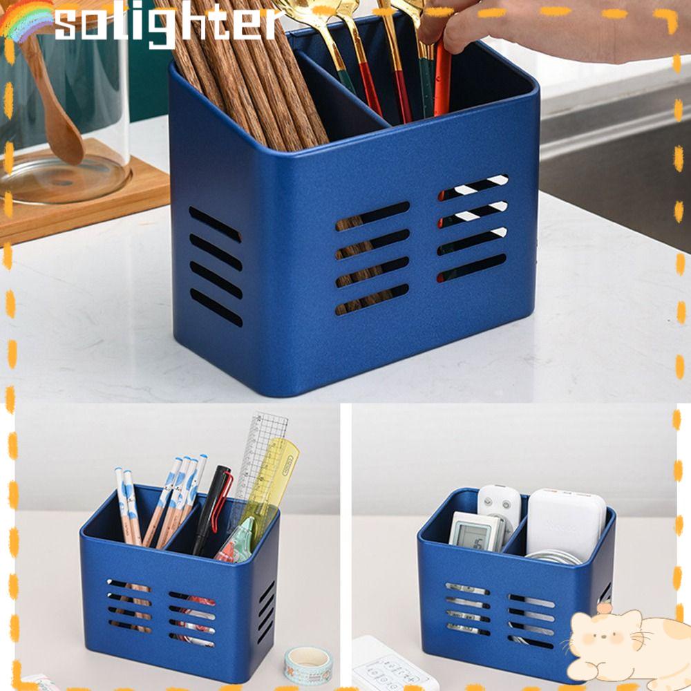 Solighter Stainless Steel Chopstick Holder High quality Tahan Lama Alat Dapur Double Grid Kotak Penyimpanan Peralatan Dapur Alat Tulis Sendok Garpu Pengering Drainer Rak