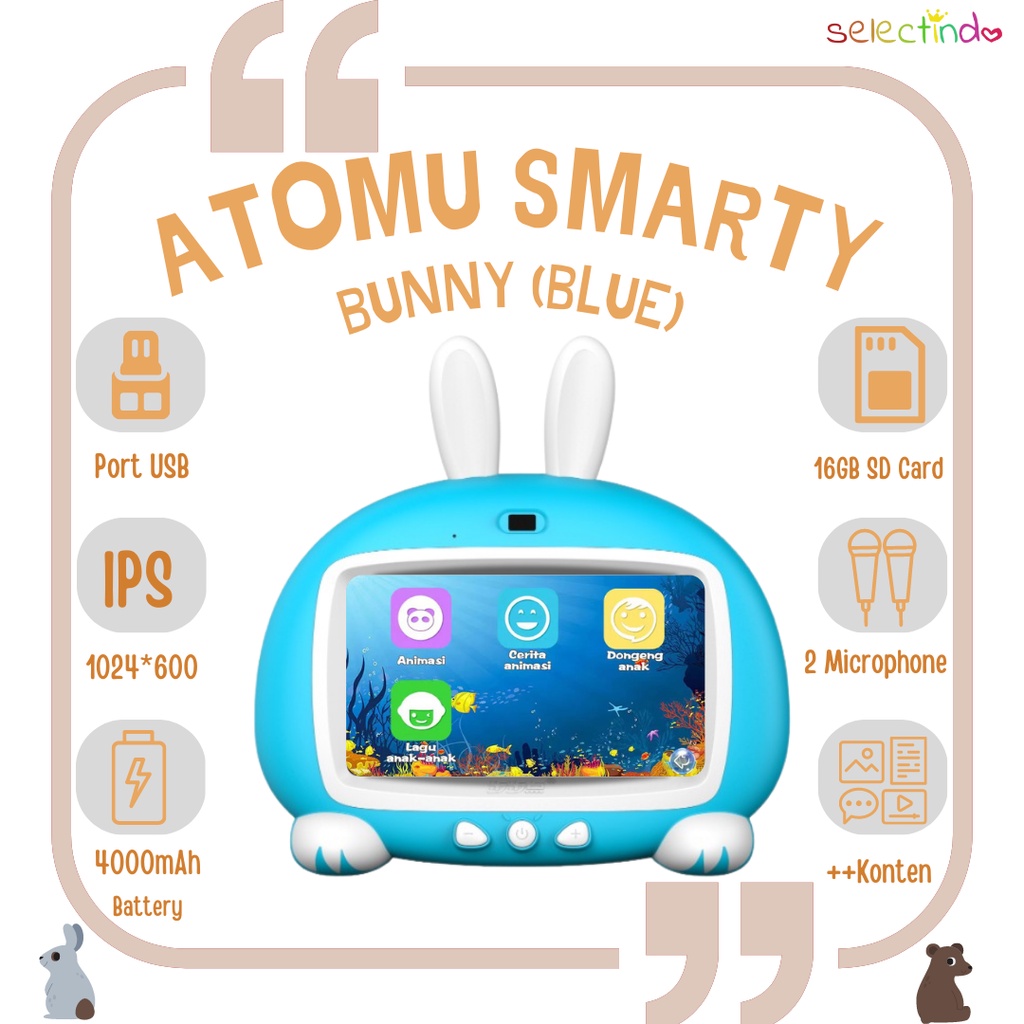 Atomu Smarty Bunny / Mainan Anak Karaoke / Video / Musik / Kartun / Drawing / Game / Edukasi / 7'' Touch Screen / USB Bisa