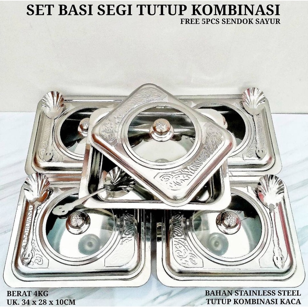 Prasmanan Semi Kaca Set 5pcs (Prasmanan Stainless Tutup Kombinasi Kaca)