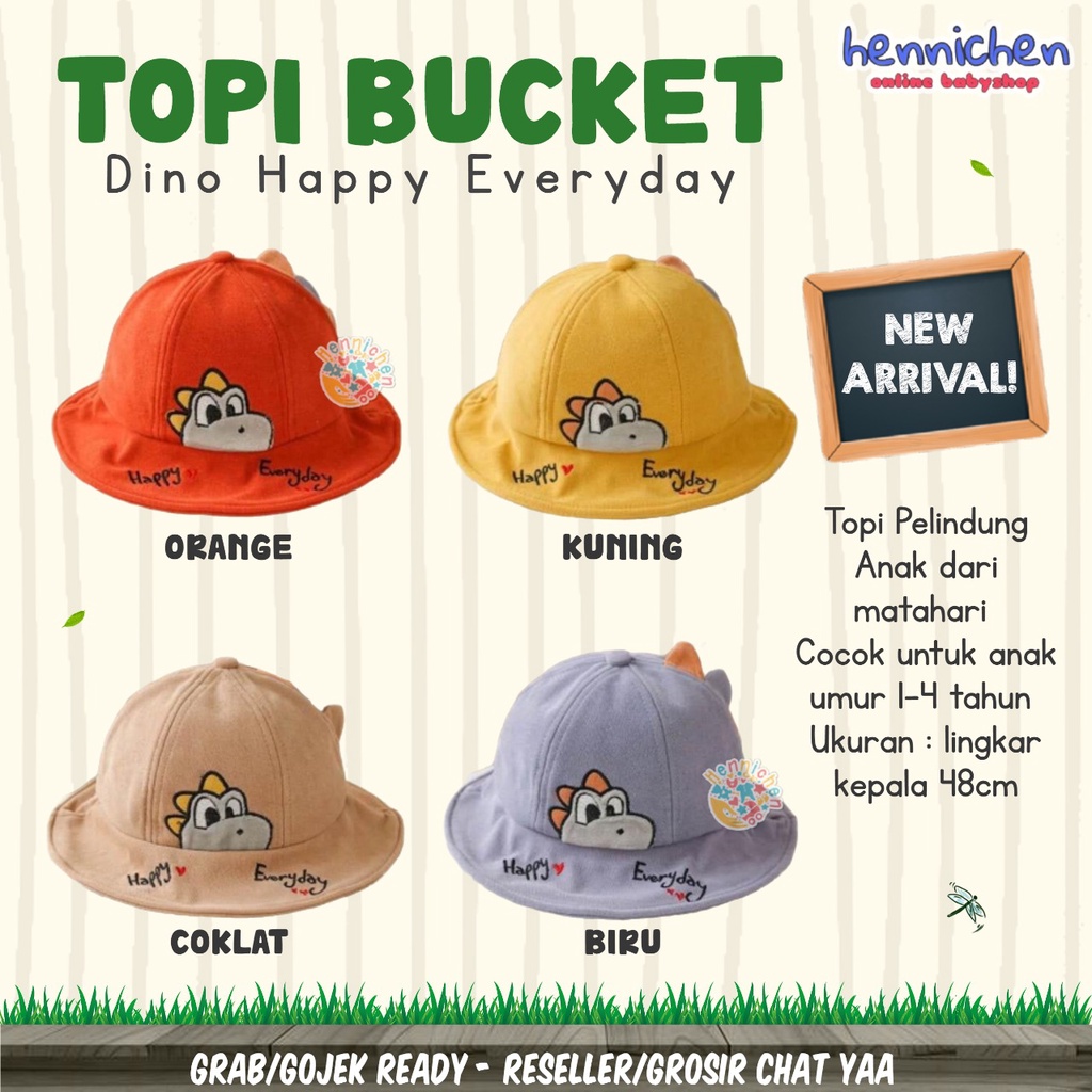 Topi Bucket Dino Happy Everyday 1-4 Tahun Topi Bucket Fashion Anak Unisex