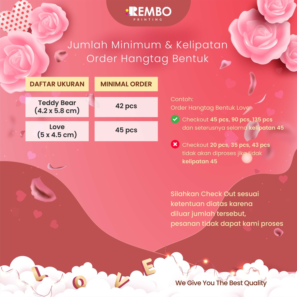 Hang Tag Baju Bentuk Edisi Valentine Hari Kasih Sayang - Label Baju Pola - Cetak Hangtag Baju Bentuk Pola Love Hati Teddy Bear - Label Merek - Hang Tag custom bentuk pola Valentine Hari Kasih Sayang 2023