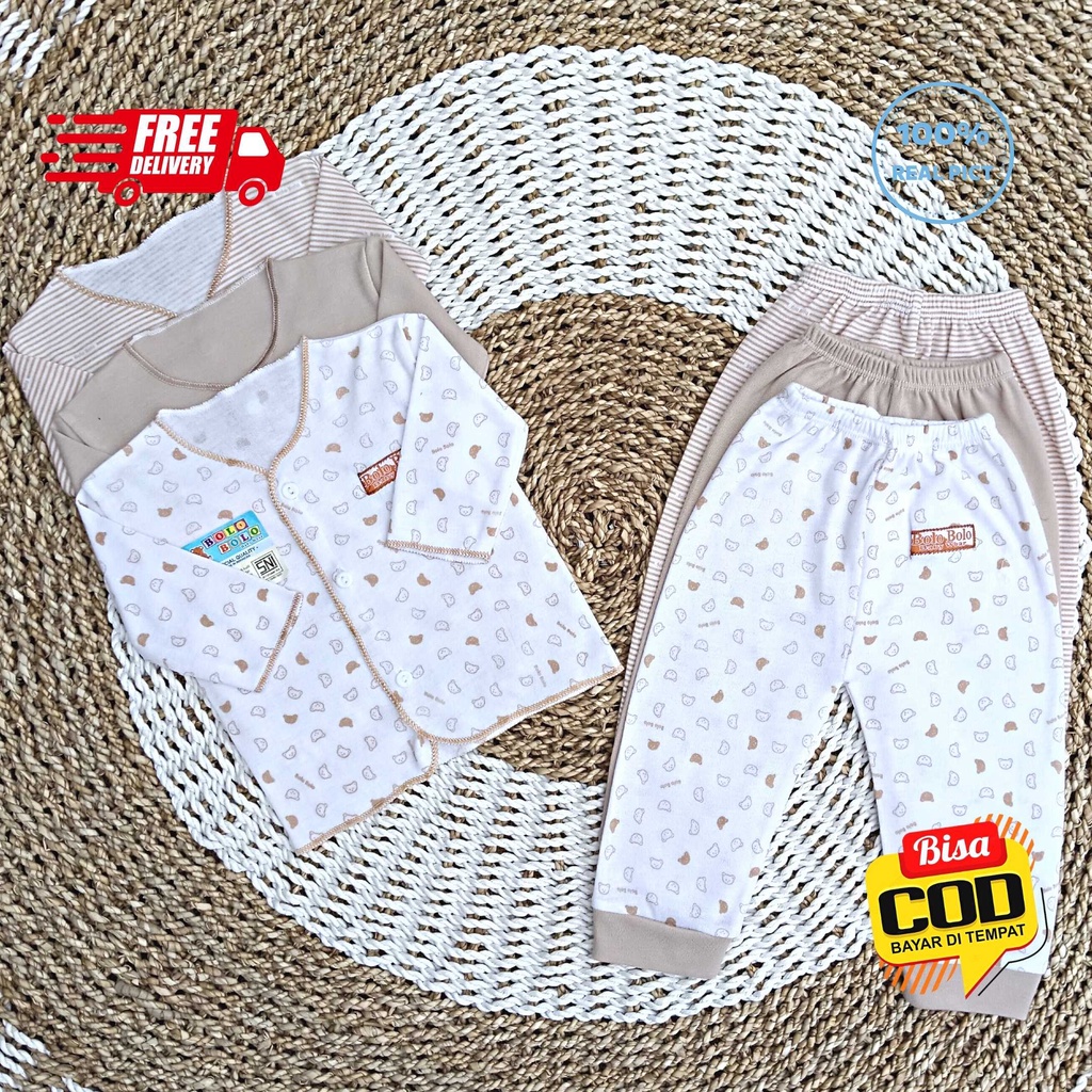 SALE 7.7 Serian Coklat Susu - 3 Stel Setelan Baju Bayi Tangan Panjang Celana Panjang Bayi 0 sd 3 Bulan COKLAT SUSU SERIES merk SNI Bolo - Bolo