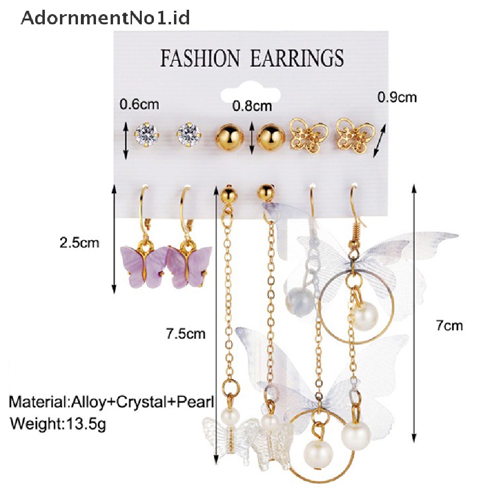 [AdornmentNo1] 6pasang/set Fashion Hati Kupu-Kupu Stud Earring Set Elegan Mutiara Emas Hoop Earrings Untuk Wanita Aksesoris Perhiasan [ID]