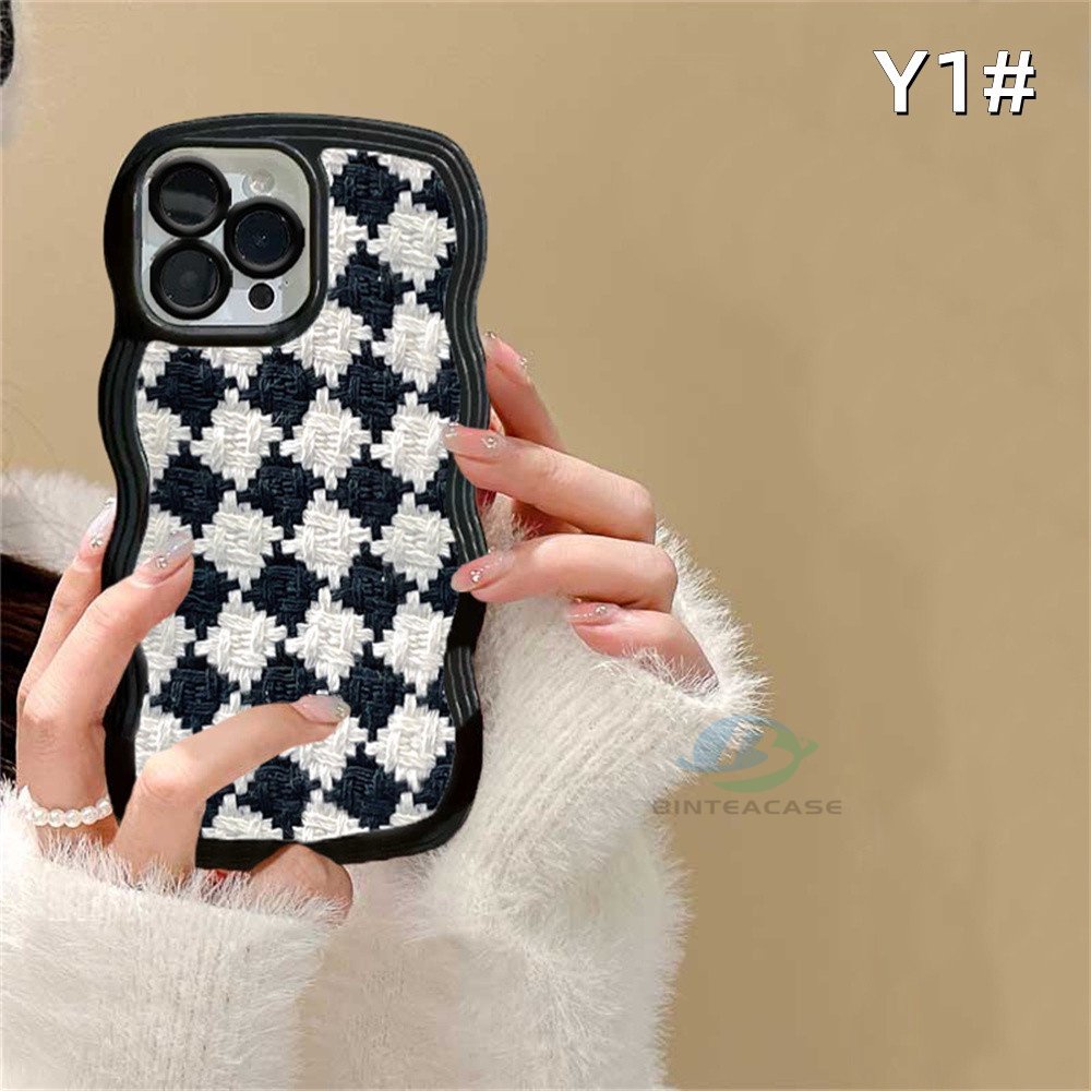 Redmi Note 11S 11 Pro Redmi 10C 10A 9A Note10 5G Note 10S 9C 9T Note9 Note8 Poco X3 Pro NFC Hitam Dan Putih Kotak-Kotak Dan Bunga Tepi Melengkung TPU Case Handphone Binteacase