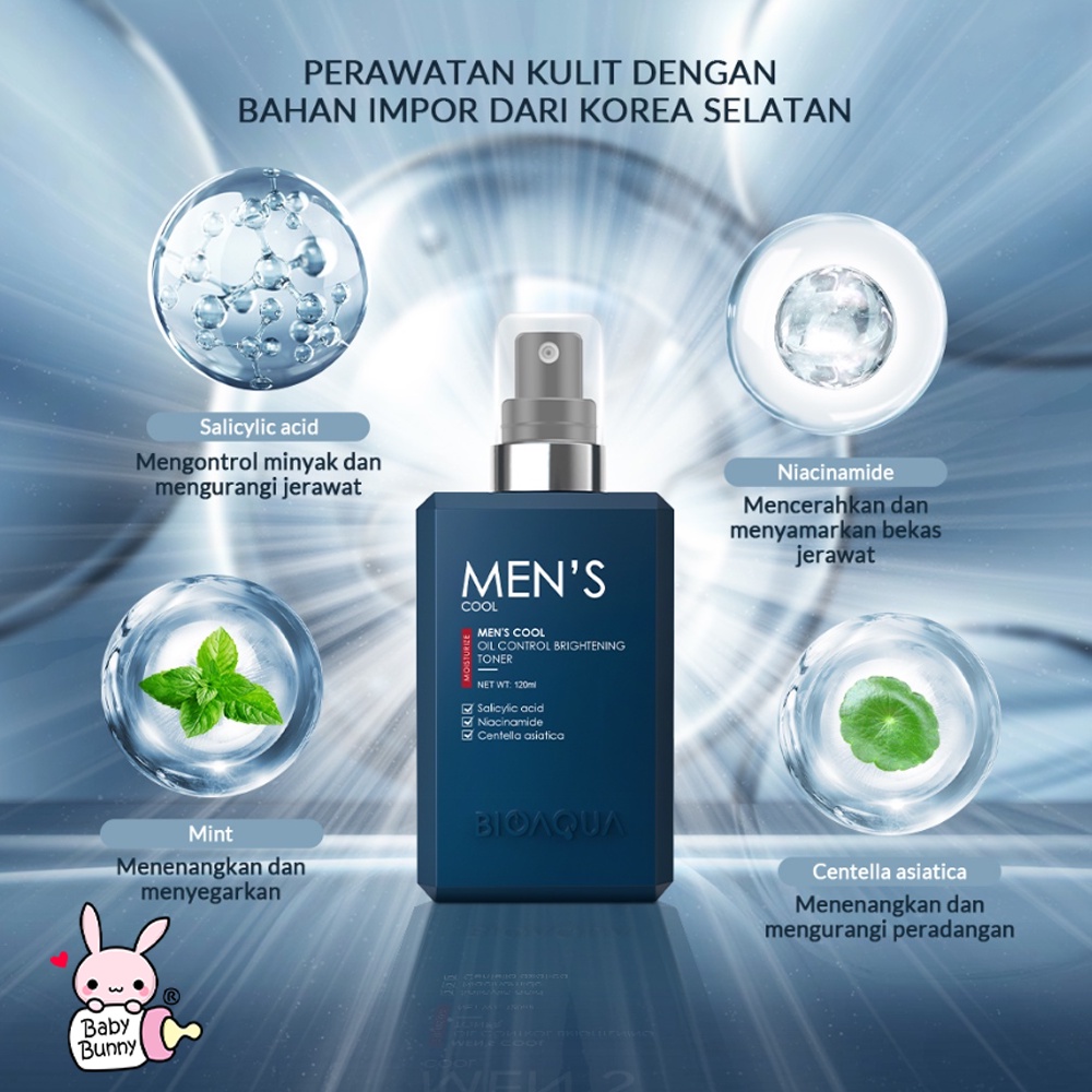 ❤ BELIA ❤ BIOAQUA Men's Cool Skincare Oil Control Brightening Toner 120ml | Essence 50ml | Cleanser 200ml | Travel Size | BPOM