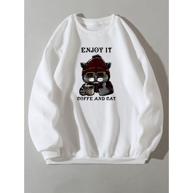 Sweater Crewneck Pria Wanita COFFE AND CAT / Switer Jumper Pria Wanita Bahan Fleece