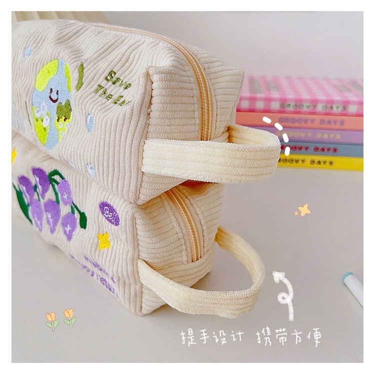 KENSHO Pouch Aesthetic Kain Corduroy Handle Lucu Import / Kotak Pensil Kain / Tempat Makeup / Cute