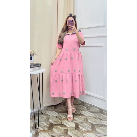 Midi Dress Crinkle PomPom/Dress Wanita Terbaru