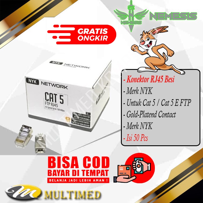 Konektor RJ45 Besi CAT 5 FTP Merk NYK isi 50Pcs