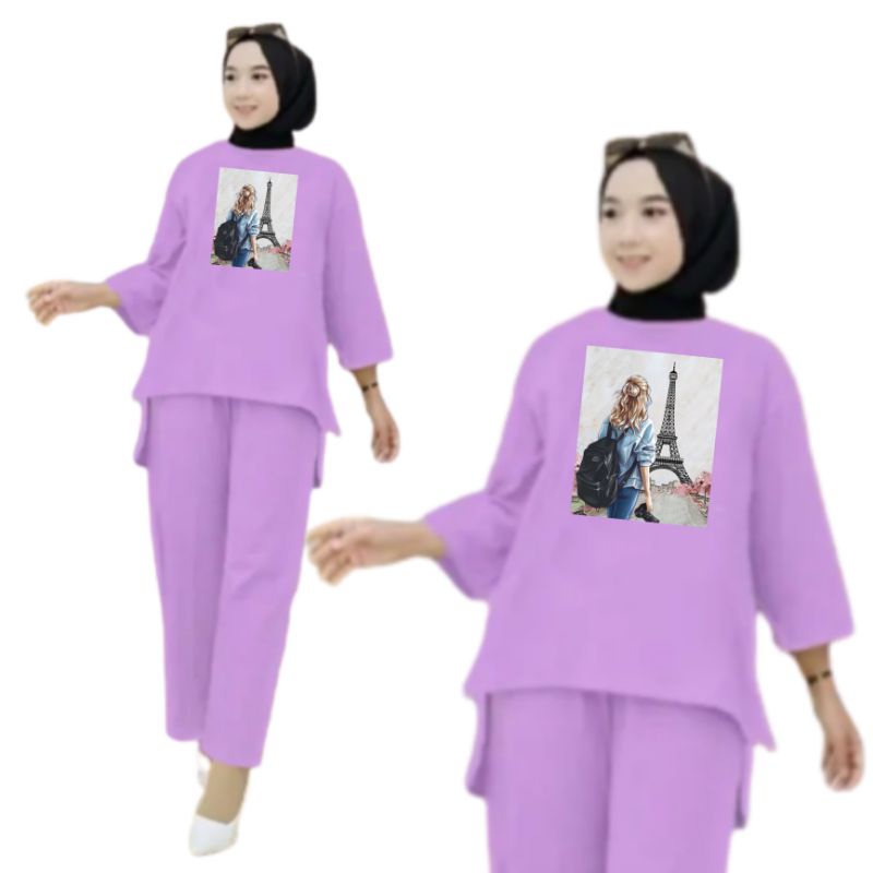 Setelan Kaos Wanita Dewasa Oversize Ld 130 cm Terbaru 2023 Viral Gambar DTF Bahan Kaos Babyterry Tangan 3/4 dan Celana Panjang One Set Wanita Dewasa Jumbo Kekinian Atasan Baju Wanita Dewasa Big Size Stelan Baju Wanita Santai Cewek Paris