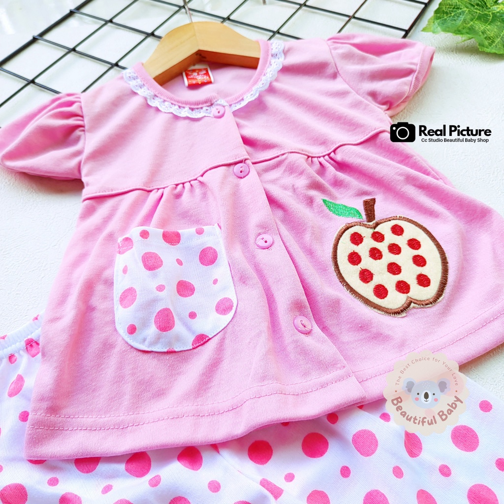 Baby.ou - Setelan Baju Bayi Lengan Pendek Celana Panjang Motif Bordir Apel / Setelan Piyama Bayi Perempuan 3-12 Bulan / Baju Bayi Perempuan Yeiko