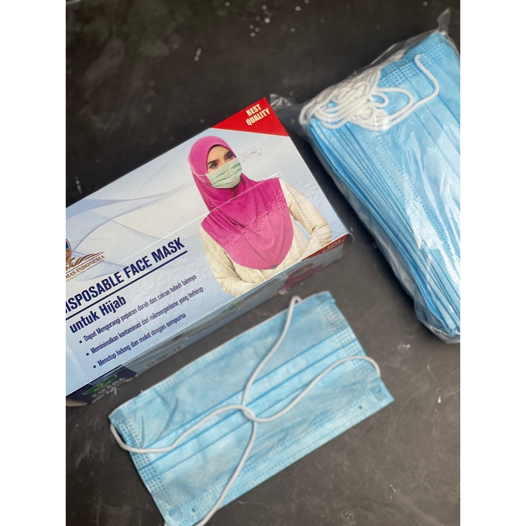 Masker Hijab Headloop 3Ply 1BOX Isi 50Pcs Masker Hijab Medis Warna Biru