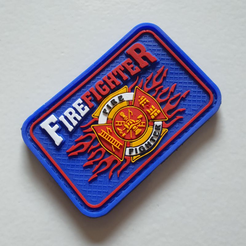 patch rubber logo fire fighter dasar biru / damkar / pemadam kebakaran /tempelan emblem karet velcro