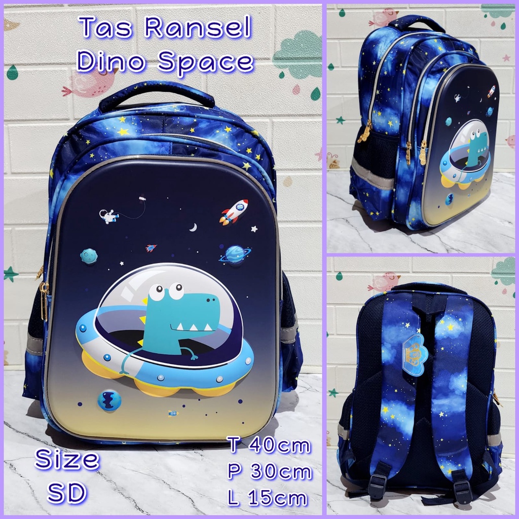 Tas Sekolah Ransel Anak TK dan SD Motif Timbul 3D Gambar Astronot dan Dino Tas Gendong Anak Import Backpack Anak Laki - Laki