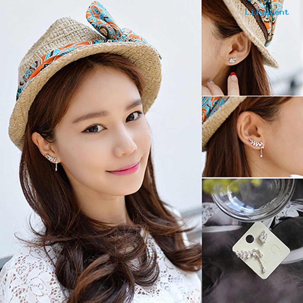 [LS] Ear Studs Asimetris Anti Karat Wanita Daun Berlian Imitasi Anting Rumbai Untuk Pernikahan