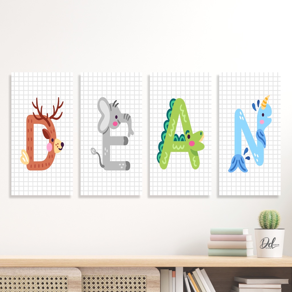 POSTER DINDING CUSTOM NAMA ABJAD 15CM X 30CM MOTIF BINATANG LUCU HIASAN KAMAR ANAK MINIMALIS LUCU