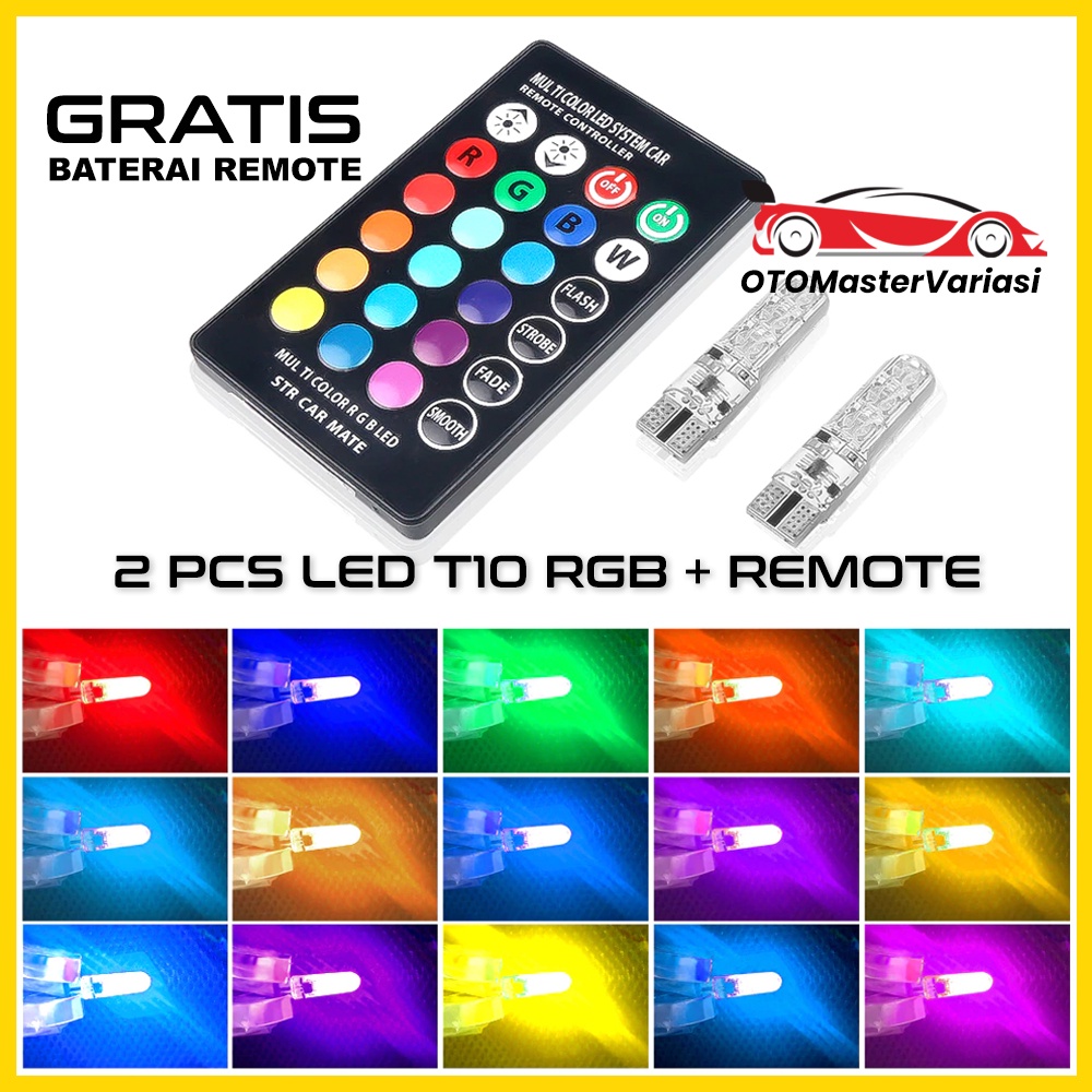 Lampu LED T10 RGB 16 Warna PLUS REMOTE Sepasang LED Senja Rem Sen Mobil Motor T10 Remot Bisa Ganti Warna