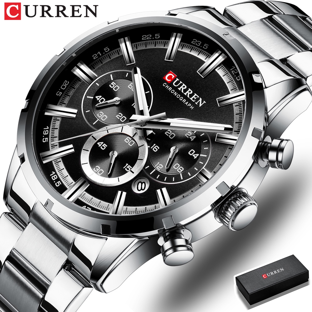 CURREN Jam Tangan Pria Analog Stainless Steel Chronograph Aktif Luminous Hand Jam tangan Kuarsa Kalender Multifungsi