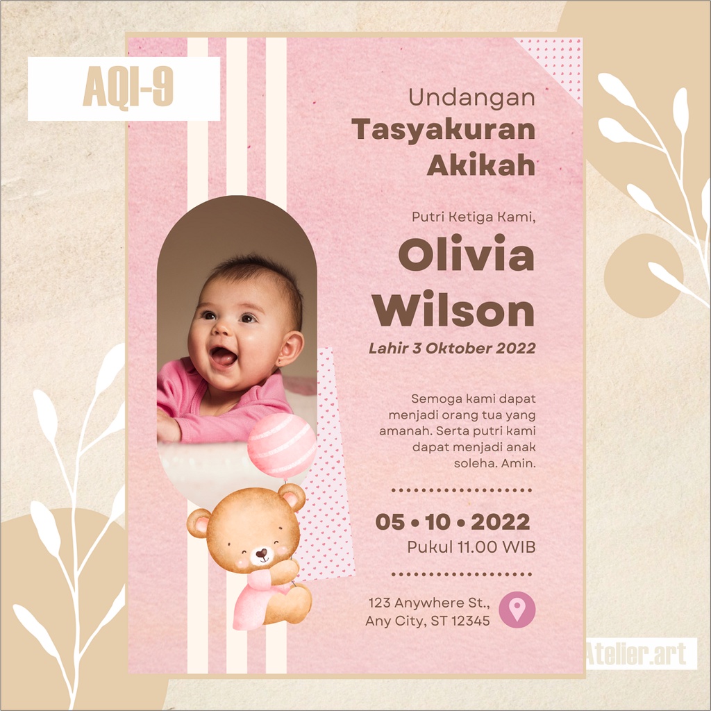 Undangan Digital Aqiqah AQI-9 Softfile Pink Ukuran A4 | Atelier.Art