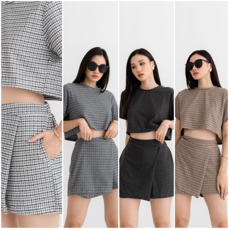 ❣️SPECIAL PRICE ♡ PREMIUM ♡ ORIGINAL ! BRINLEY 2 IN 1 TEXTURE PATTERN KNIT SET CROP BLOUSE WITH SHORT SKORT / SETELAN ATASAN PENDEK &amp; ROK CELANA