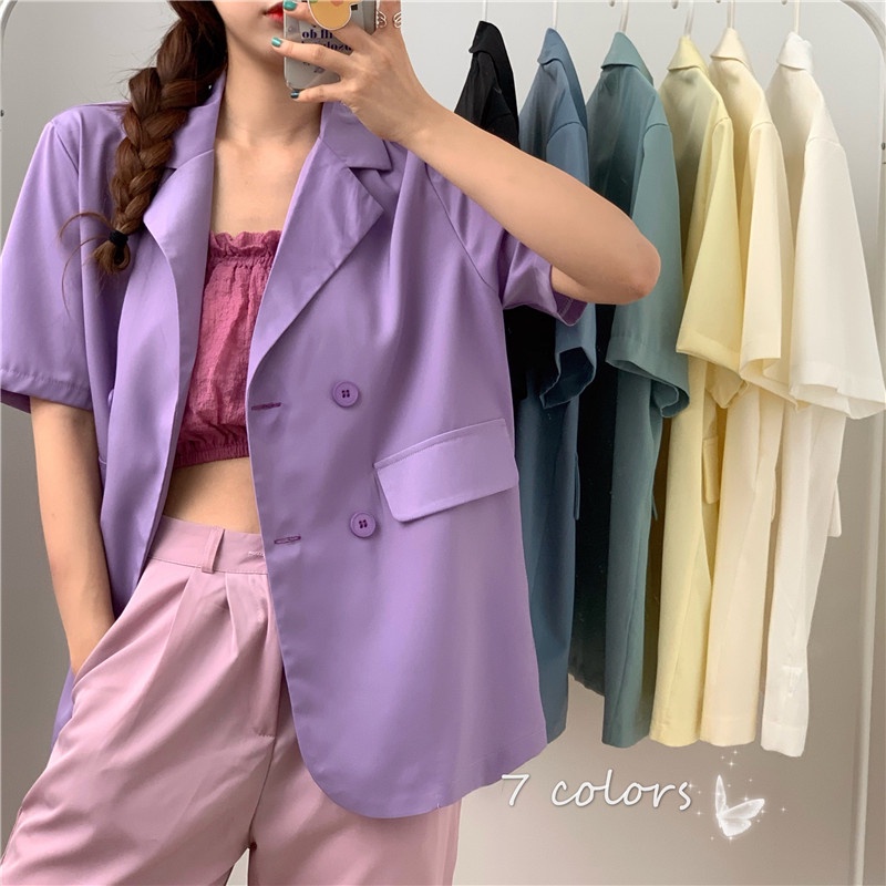 Setelan Kemeja Crop Top Blazer Crinkle One Set Wanita Lengan Panjang Hijau Biru Kuning Ungu Korea B