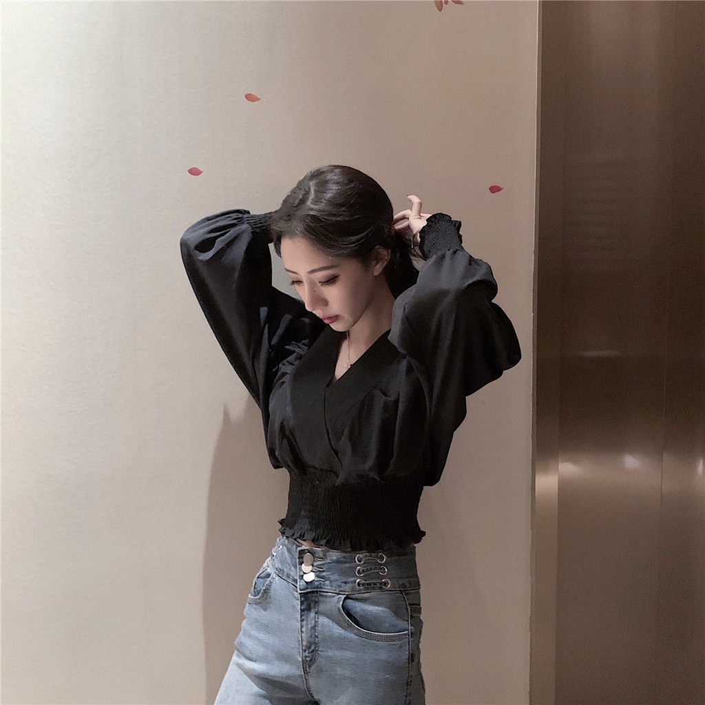 Red Chic Musim Semi Mesin Hati-hati V-Leher Silang Pinggang Longgar Kemeja Pendek 2022 Gaya Korea Baru Atasan Lengan Panjang Wanita