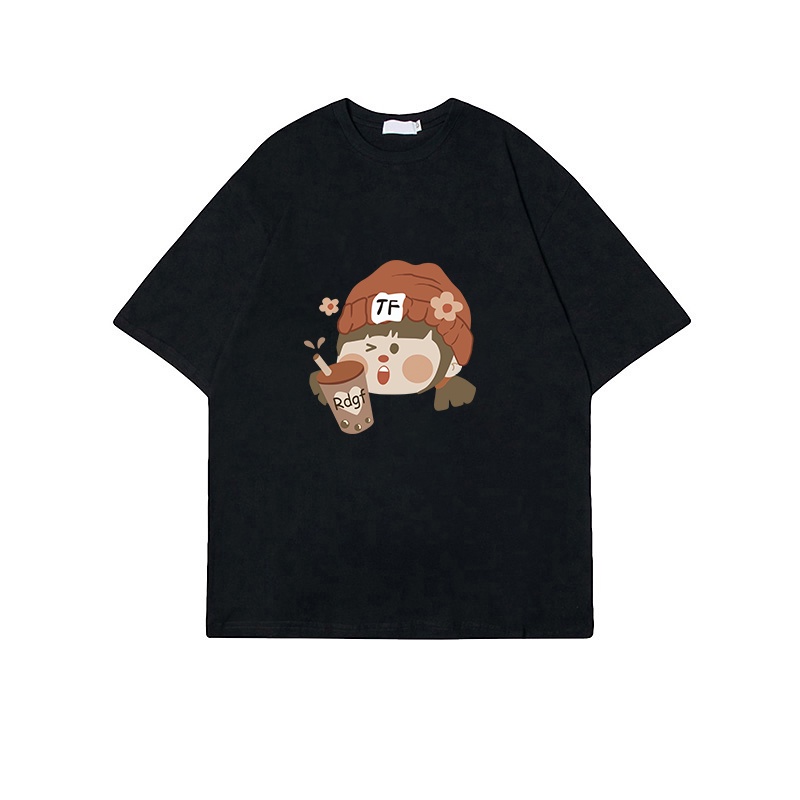 100%  Katun Vintage Kaos Lengan Pendek Cream Atasan Wanita Oversize Cartoon Girl Printed T-shirt Kekinian Korean Style/kaos wanita jumbo