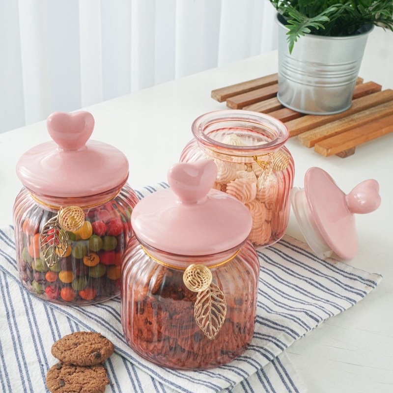 HARGA 1 PCS Toples Lebaran Kaca Kedap udara Pink 650ml / MMS Toples Montella Stripe Amore