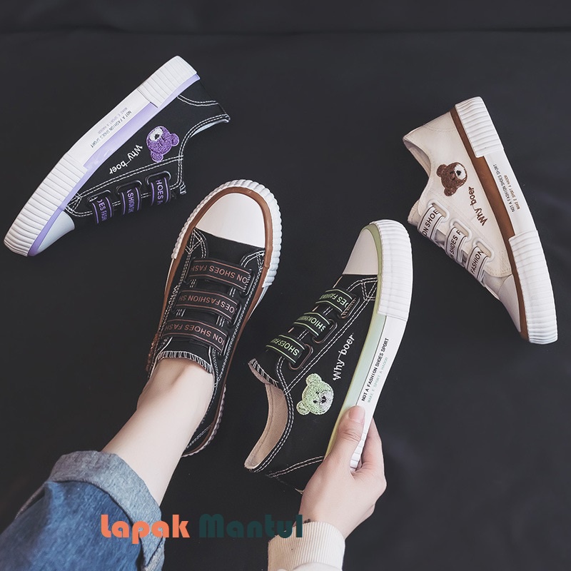 LM-0260 Sepatu Canvas Wanita Bear Fashion Tali Karet Quality Premium Shoes Sneaker Casual Kanvas