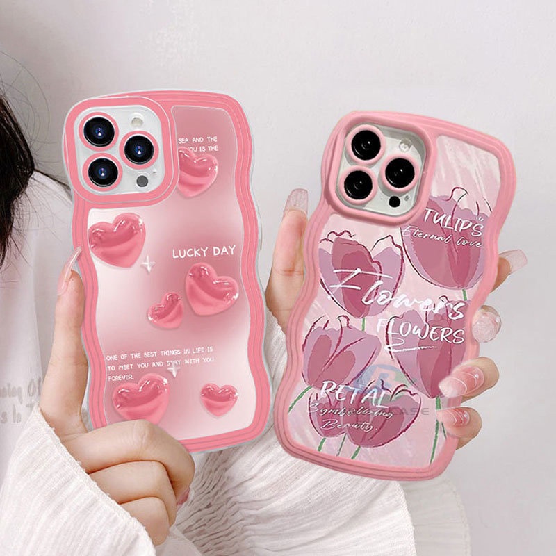 Oppo A17 A77S A57 2022 A15 A16 A16K A54 A53 A12 A5S A7 A3S A11k A31 A52 A92 A94 A93 A37 F9 A1K A76 Pink Hati Tulip Tepi Melengkung Casing Handphone TPU Binteacase