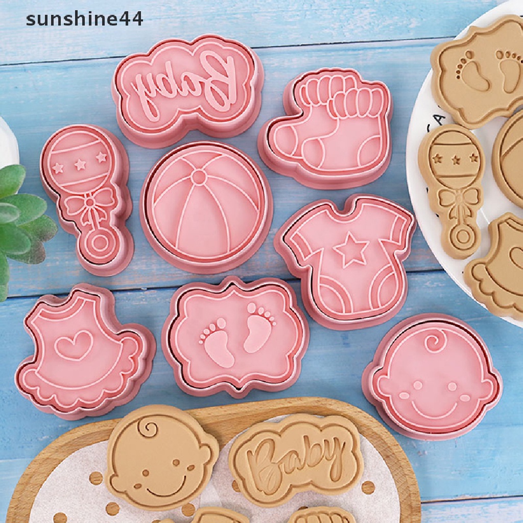 Sunshine 8pcs/Set DIY Bayi Kartun Biskuit Cetakan Cookie Cutter 3D Biskuit Cetakan Plastik Baking Cookie Stamp Cookie Decorag Tools.