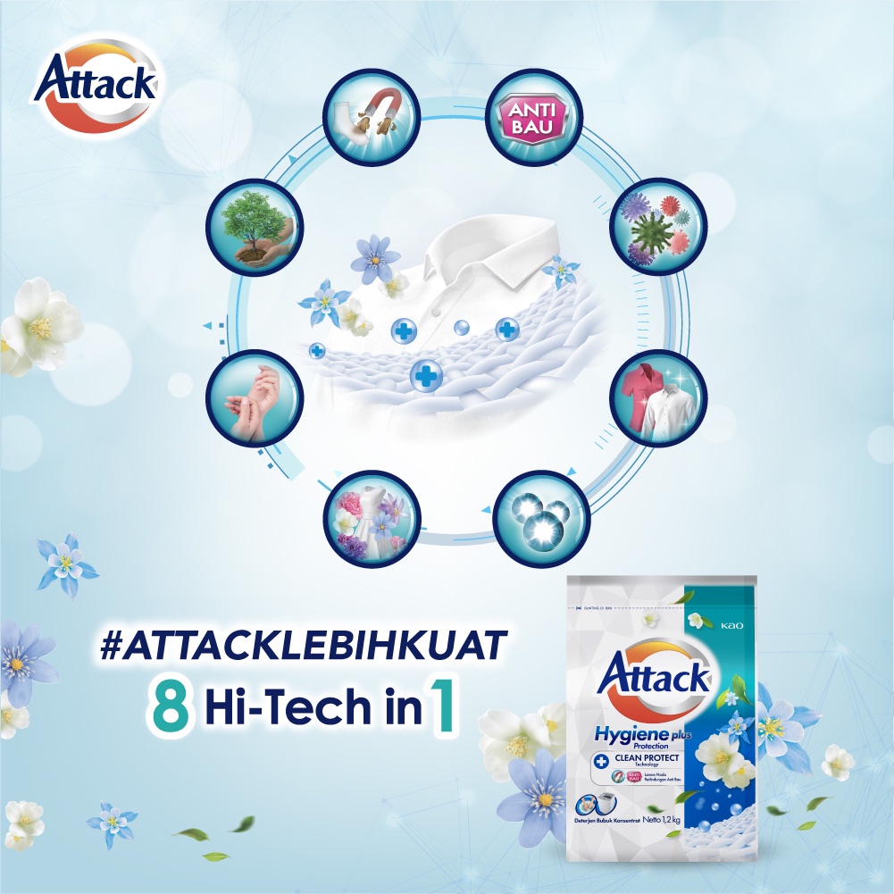 Attack Hygiene Plus Deterjen Bubuk Semua Jenis Mesin Cuci 1200gr Triple Pack - Sabun Cuci Baju / Powder Detergent Pembersih Pakaian - Lebih Higienis, Efektif Melawan 7 Jenis Kuman