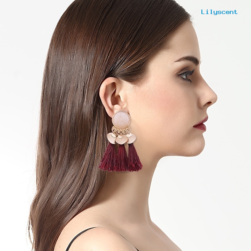 [LS] 1pasang Wanita Bohemian Jumbai Sequin Ear Stud Menjuntai Anting Perhiasan Perjamuan