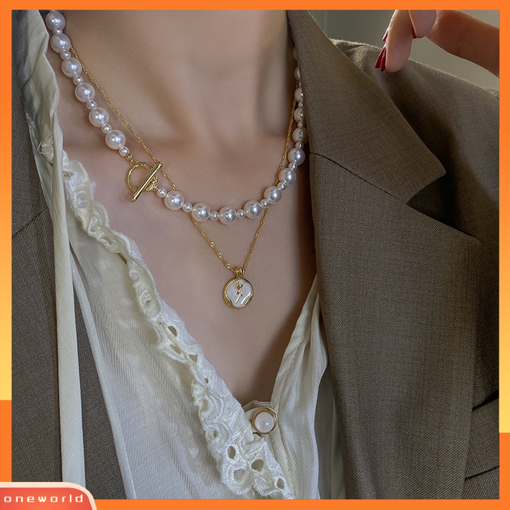 [ONWL] 2pcs/set Wanita Kalung Gaya Perancis Retro Elegan Rose Liontin Hadiah Lapisan Ganda Mengkilap Tinggi Mutiara Imitasi Klavikula Kalung Perhiasan Aksesoris