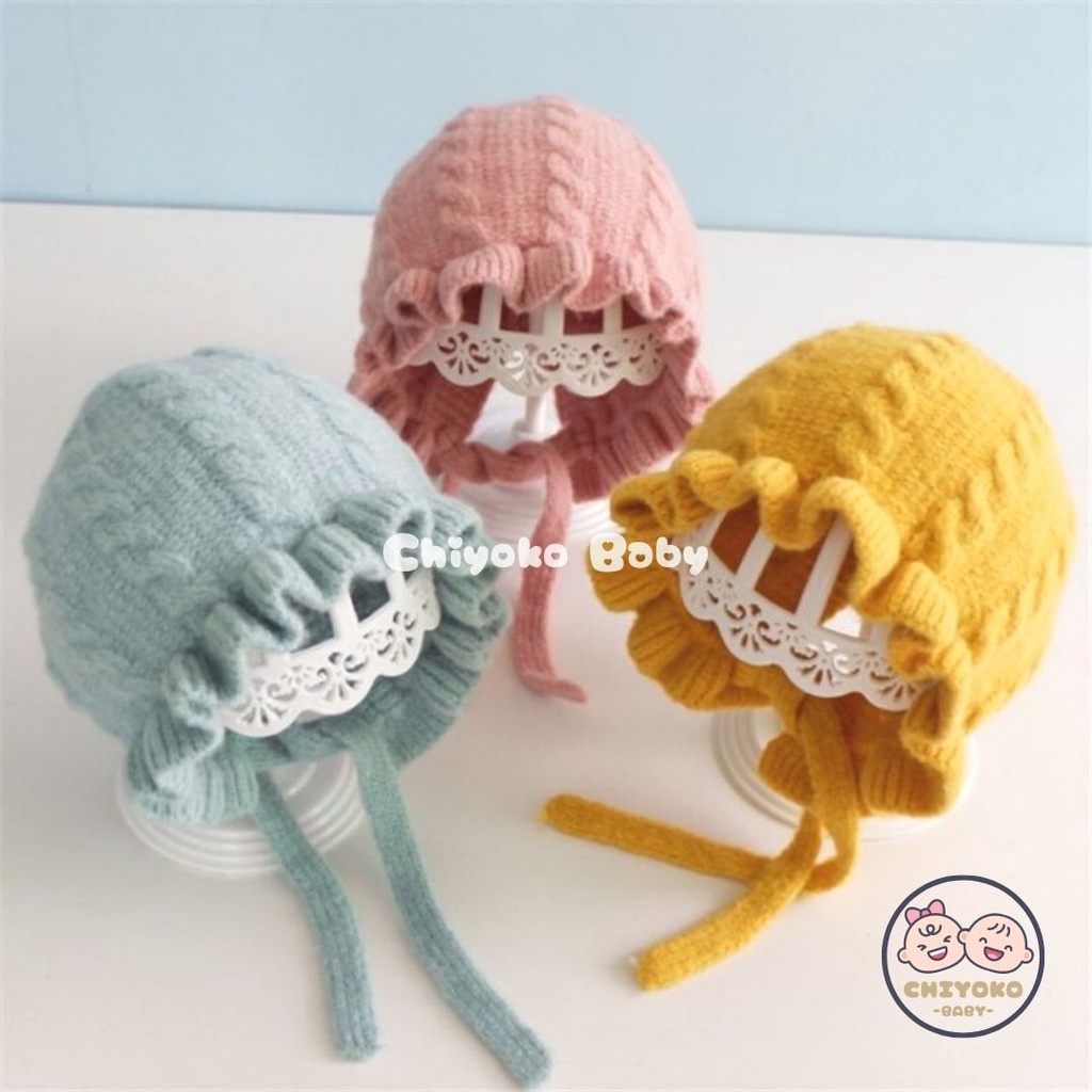 Topi Kupluk Bayi Bonet Bonnet Ruffle hat baby girl perempuan Rajut / Topi Rajut Bonnet Baby Girl Premium Chiyoko Baby