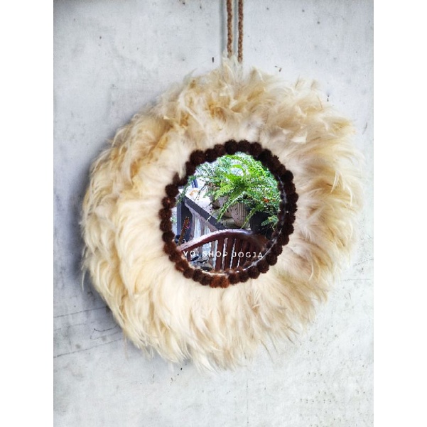 DEKORASI DINDING HANDMADE HIASAN CERMIN INDAH BULU AYAM WALLDECOR CERMIN KACA D18CM