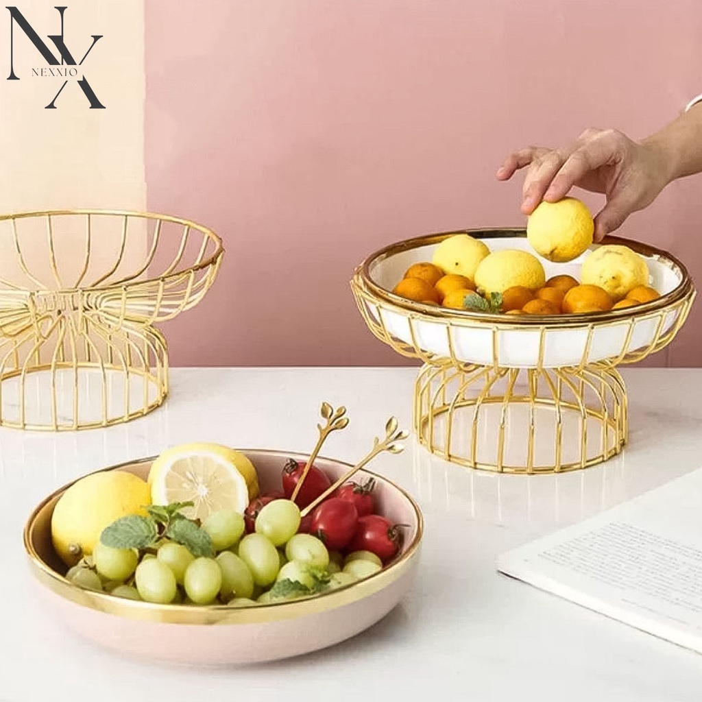 NexXio TEMPAT BUAH KERAMIK GOLD DUDUKAN STAINLESS GOLD / Ceramic Fruit Tray / Tray Tempat Buah / Tempat Buah Keramik Elegant