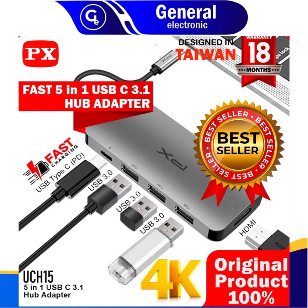 Converter Hub Adapter 5 in 1 4K USB Type C 3.1 USB HDMI PX UCH15